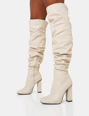 Cassia Ecru Square Toe Block Heel Over The Knee Boots