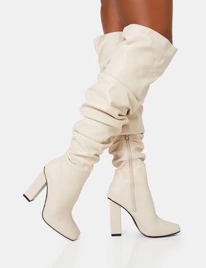 Cassia Ecru Square Toe Block Heel Over The Knee Boots