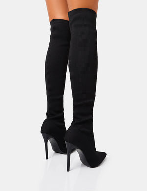 Chateau Black Knitted Sock Stiletto Over The Knee Pointed Toe Boots