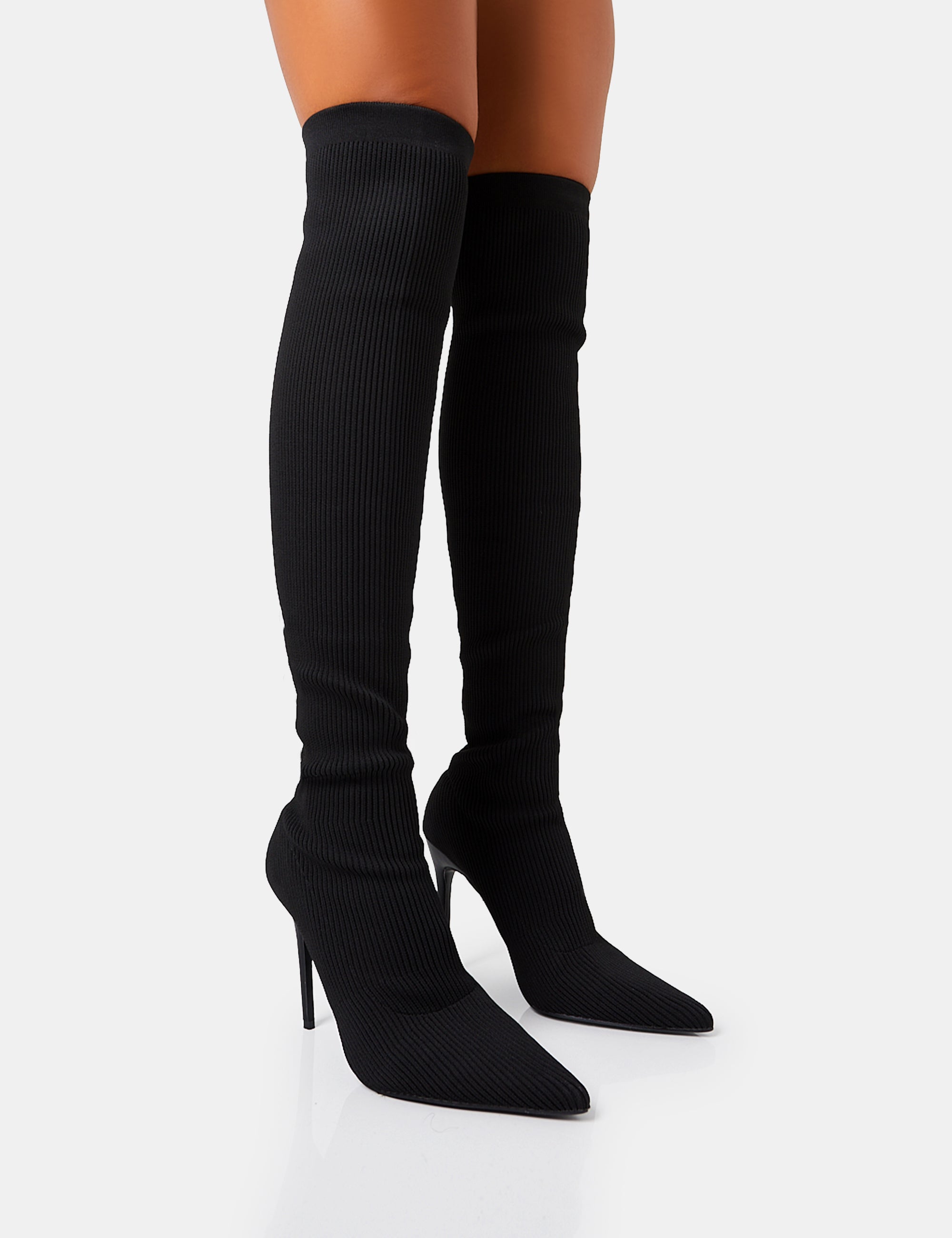 Chateau Black Knitted Sock Stilleto Over The Knee Pointed Toe Boots Public Desire