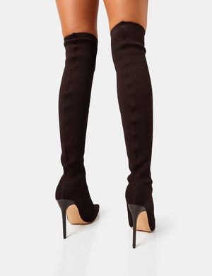 Chateau Chocolate Knitted Sock Stiletto Over The Knee Pointed Toe Boots