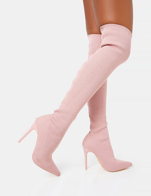 Chateau Wide Fit Dusty Pink Knitted Sock Stilleto Over the Knee Pointed Toe Boots