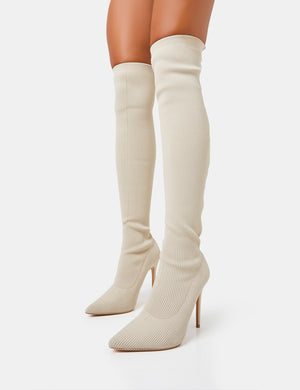 Chateau Off White Knitted Sock Stiletto Over The Knee Pointed Toe Boots