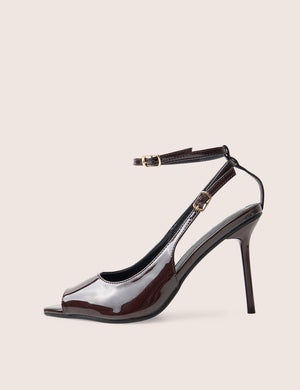 Chiara Chocolate Patent Ankle Strap Peep Toe Heels