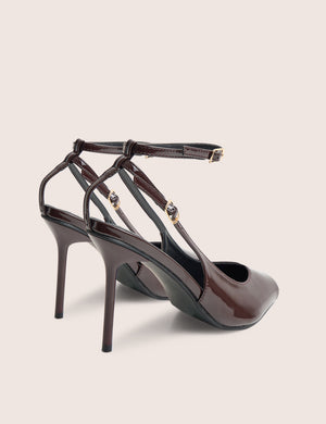 Chiara Chocolate Patent Ankle Strap Peep Toe Heels