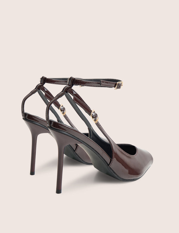Chiara Chocolate Patent Ankle Strap Peep Toe Heels