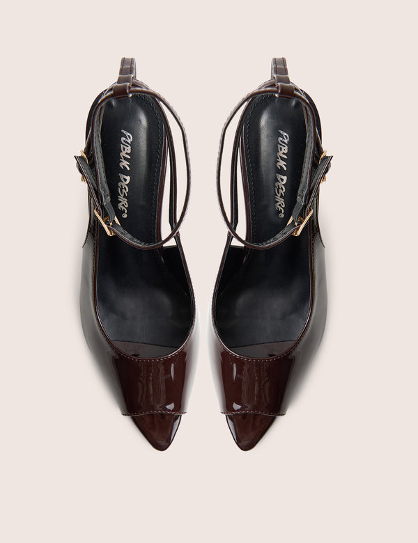 Chiara Chocolate Patent Ankle Strap Peep Toe Heels
