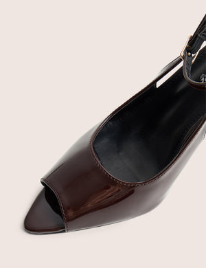 Chiara Chocolate Patent Ankle Strap Peep Toe Heels