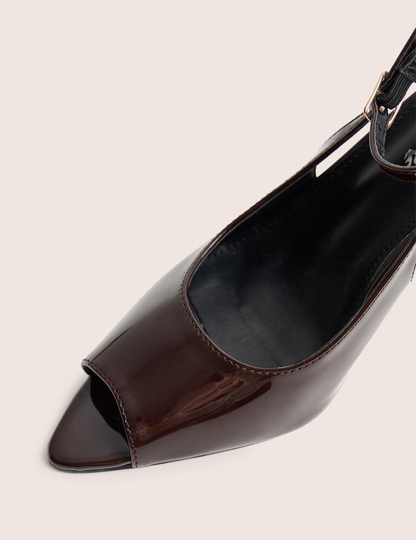 Chiara Chocolate Patent Ankle Strap Peep Toe Heels