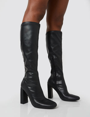 Christina Wide Fit Black Pu Pointed Toe Block Heel Knee High Boots