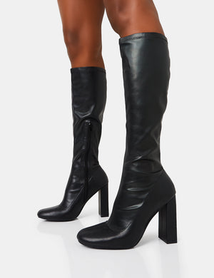 Christina Wide Fit Black Pu Pointed Toe Block Heel Knee High Boots