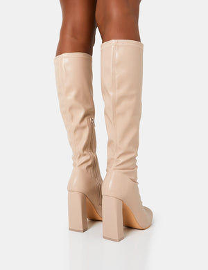 Christina Wide Fit Nude Pu Pointed Toe Block Heel Knee High Boots