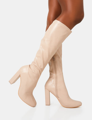 Christina Nude Pu Pointed Toe Block Heel Knee High Boots