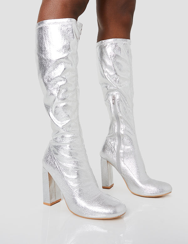 Christina Silver Grain Pointed Toe Block Heel Knee High Boots