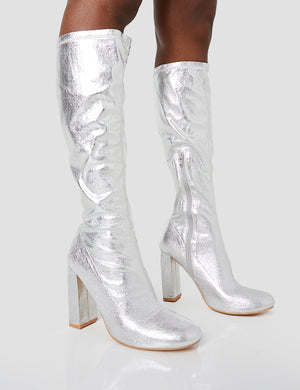 Christina Silver Grain Pointed Toe Block Heel Knee High Boots