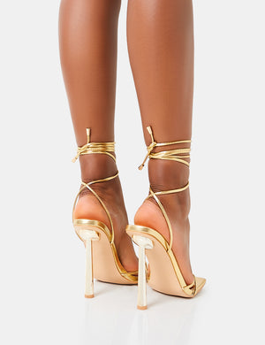 Ci Ci Gold Pu Square Toe Lace Up Stiletto Heels