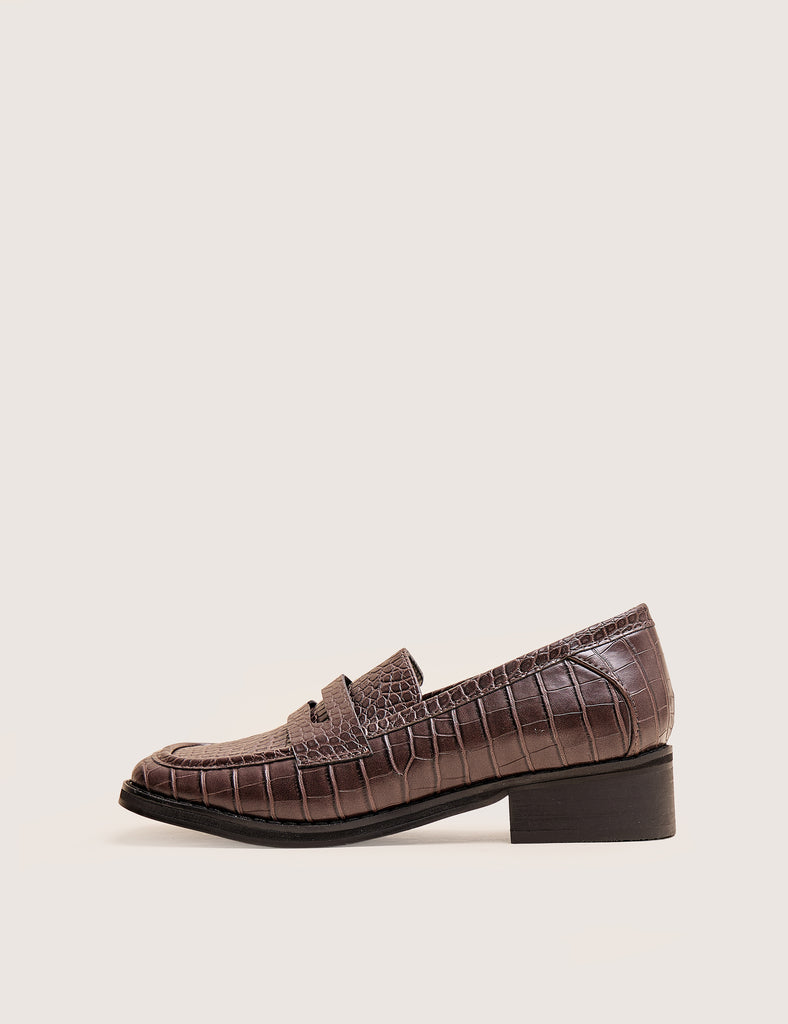 Decaf Brown Croc Square Toe Penny Loafer | Public Desire