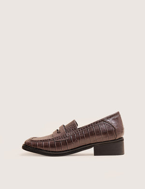 Decaf Brown Croc Square Toe Penny Loafer