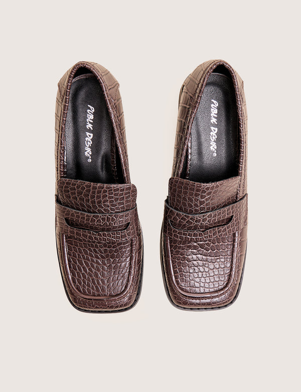 Decaf Brown Croc Square Toe Penny Loafer