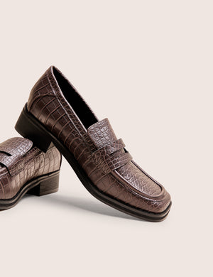Decaf Brown Croc Square Toe Penny Loafer
