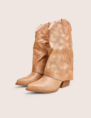 Dixie Tan Fold Over Studded Western Ankle Boots