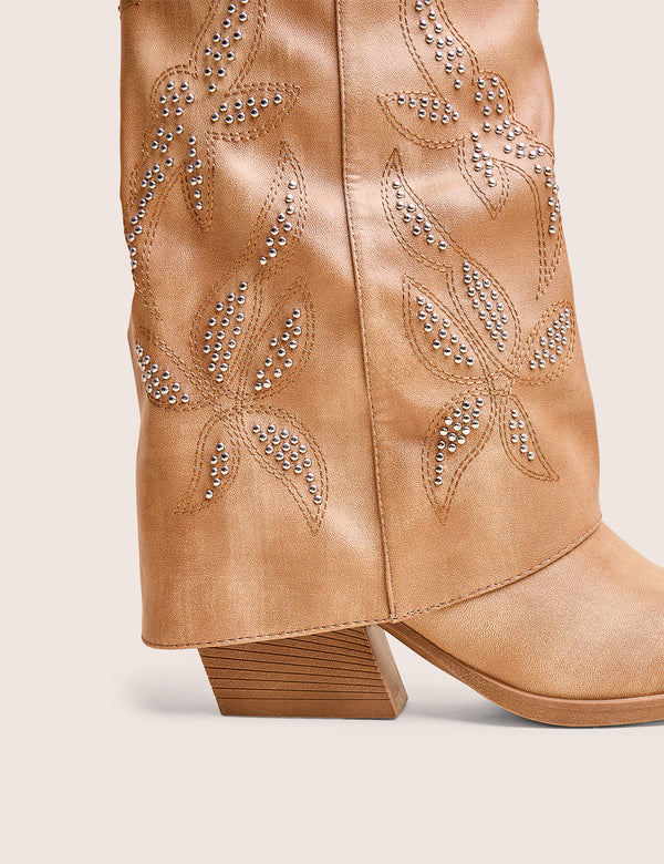 Dixie Tan Fold Over Studded Western Ankle Boots