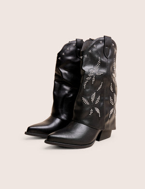 Dixie Black Fold Over Studded Western Ankle Boots