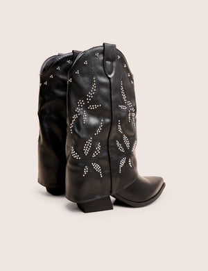Dixie Black Fold Over Studded Western Ankle Boots