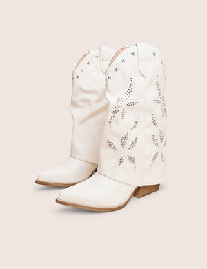 Dixie White Fold Over Studded Western Ankle Boots
