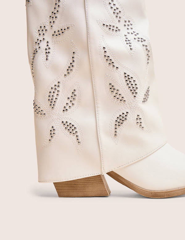 Dixie White Fold Over Studded Western Ankle Boots