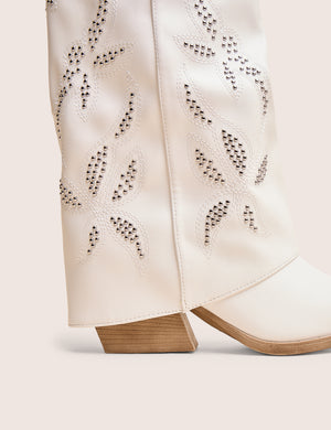 Dixie White Fold Over Studded Western Ankle Boots