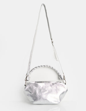 Lillian Cracked Silver Woven Strap Shoulder Bag