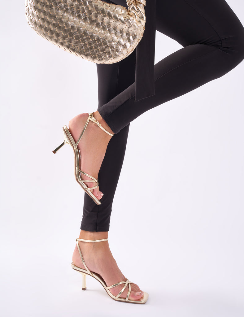 Idina Gold Crossover Strap Slingback Mid Heels | Public Desire