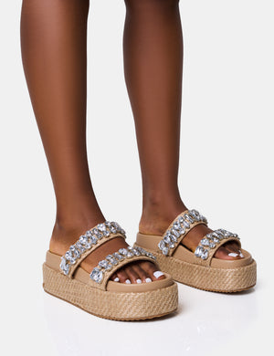 Duchess Natural Raffia Double Strap Embellished Platform Slider Sandals
