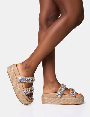 Duchess Natural Raffia Double Strap Embellished Platform Slider Sandals