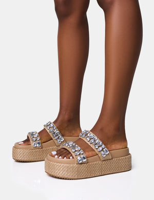 Duchess Natural Raffia Double Strap Embellished Platform Slider Sandals