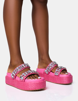 Duchess Pink Raffia Double Strap Embellished Platform Slider Sandals