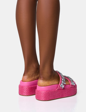 Duchess Pink Raffia Double Strap Embellished Platform Slider Sandals