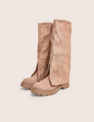 Dusty Beige Chunky Sole Faux Suede Fold Over Boots