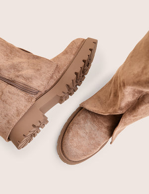 Dusty Beige Chunky Sole Faux Suede Fold Over Boots