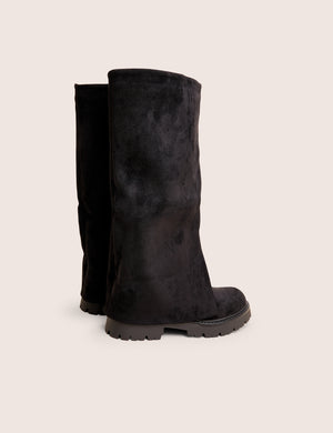 Dusty Black Chunky Sole Faux Suede Fold Over Boots