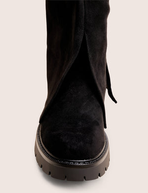 Dusty Black Chunky Sole Faux Suede Fold Over Boots