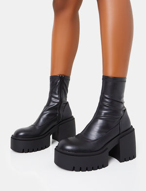 Demeter Black Pu Chunky Heeled Platform Ankle Boots