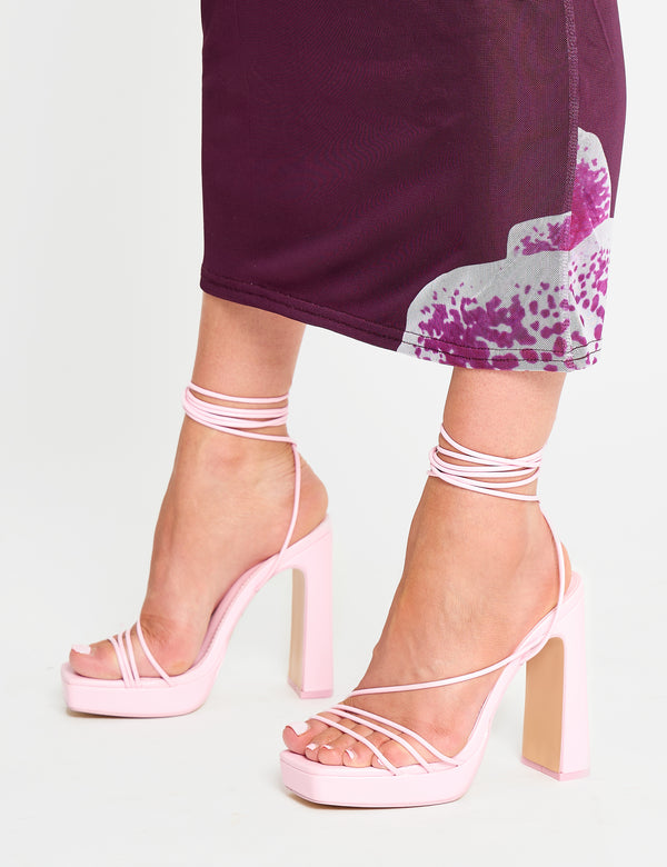 Eilish Light Pink Pu Lace Up Strappy Platform Block High Heels