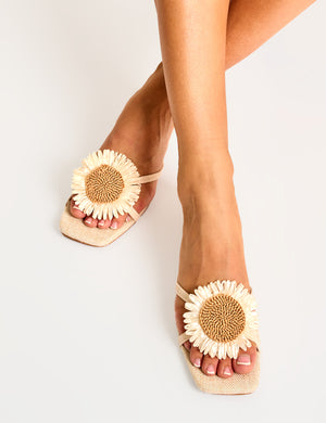 Ellery Natural Linen 3-D Floral Mule Mid Heels