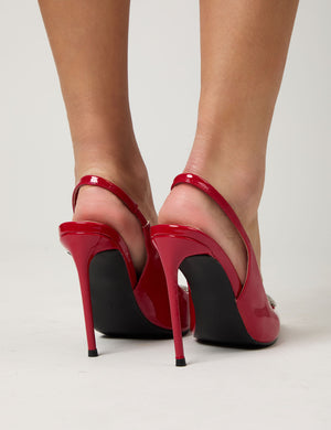 Elvis Red Patent Diamante Heart Brooch Slingback Pointed Toe Court High Heels