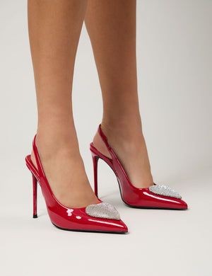 Elvis Red Patent Diamante Heart Brooch Slingback Pointed Toe Court High Heels