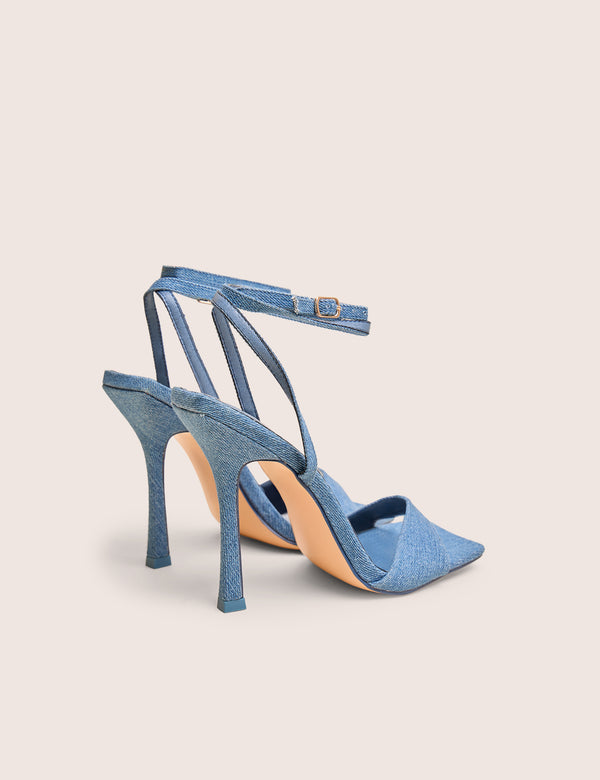 Emma Blue Denim Barely There Square Toe High Heels