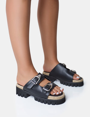 Equinox Black Chunky Jute Detail Buckle Flatform Sandals