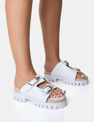 Equinox White Chunky Jute Detail Buckle Flatform Sandals